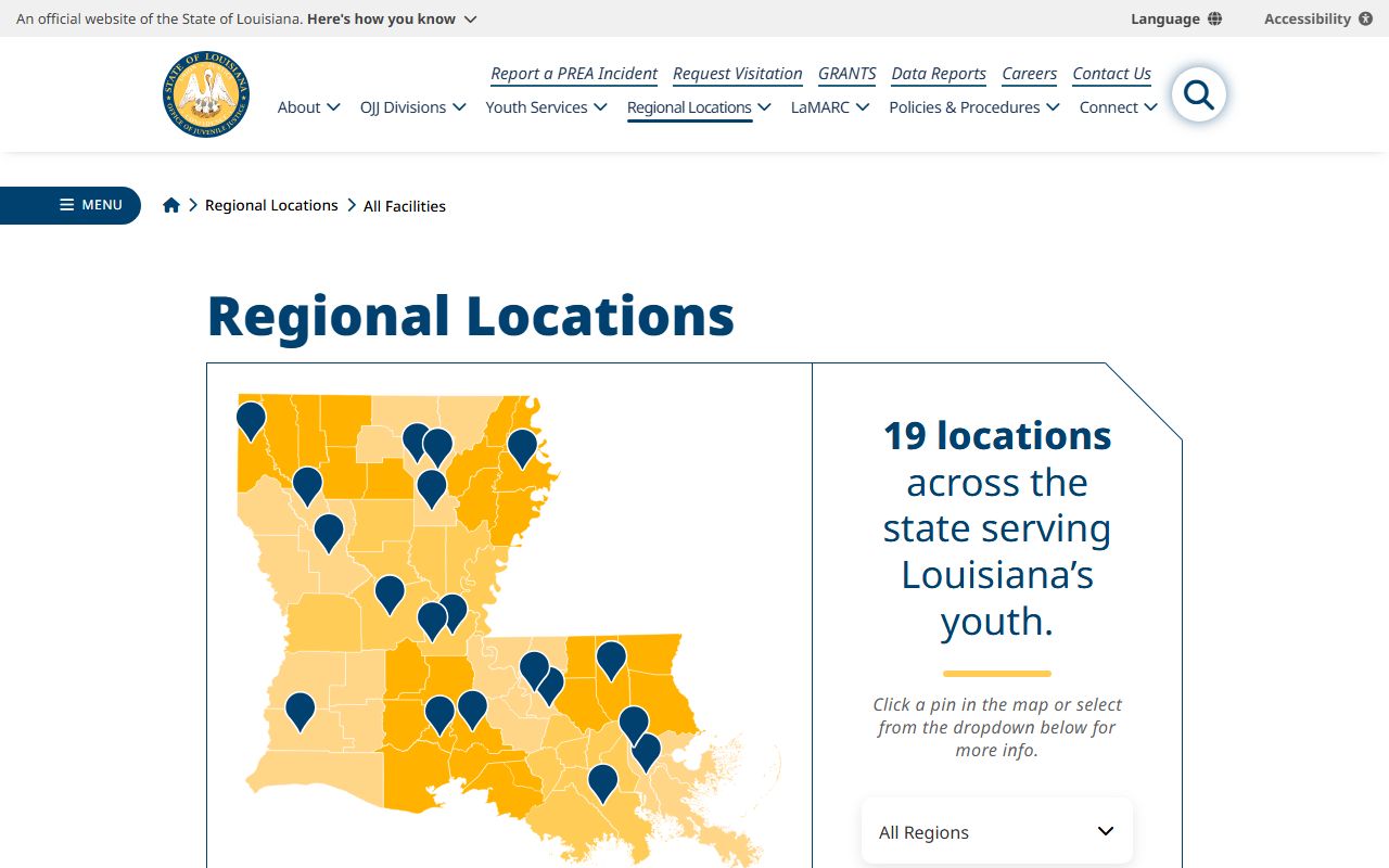 Columbia Center for Youth custody search listing in the Louisiana OJJ directory