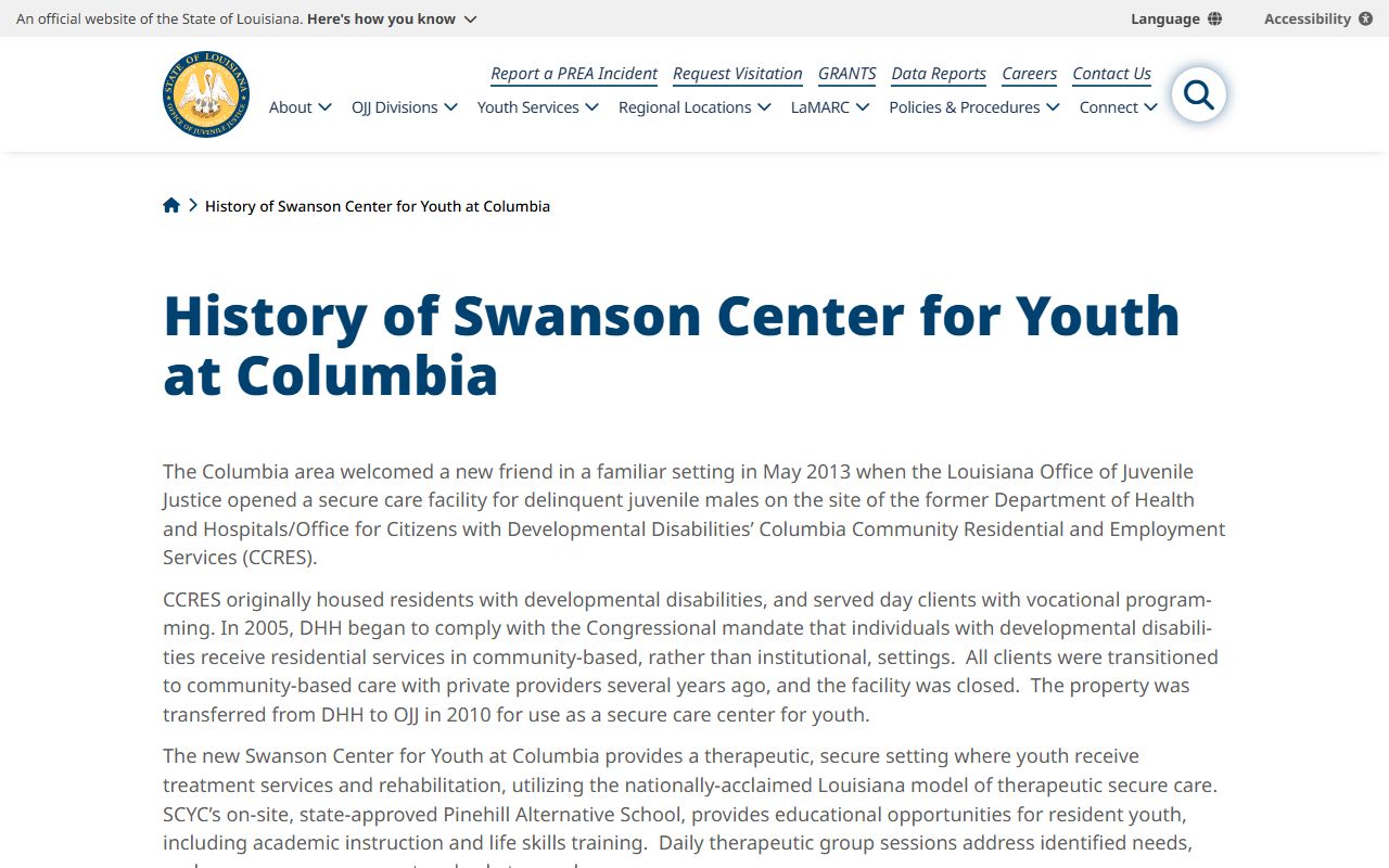 Columbia Center for Youth secure-care program information from the Louisiana OJJ history page